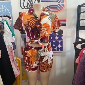 Tropical Leaf Print Button-Up and Shorts Set